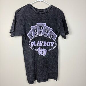 Playboy Top Mens Small Oversized Distressed Cards Dice Graphic Gray Purple Shirt